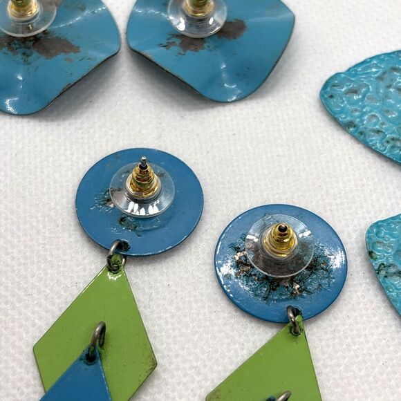 Vintage Lot of 4 Pairs Blue Green Pierced Earrings 80s 90s Geometric Statement - Picture 10 of 13